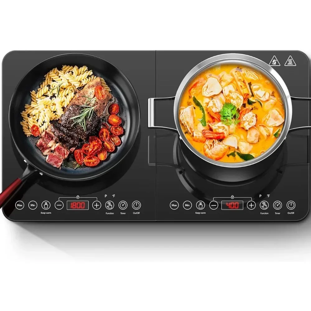 Portable Induction Cooktop with 2 Burner Independent Control Ultrathin Body 10 Temperature Settings for Kitchen Cooking