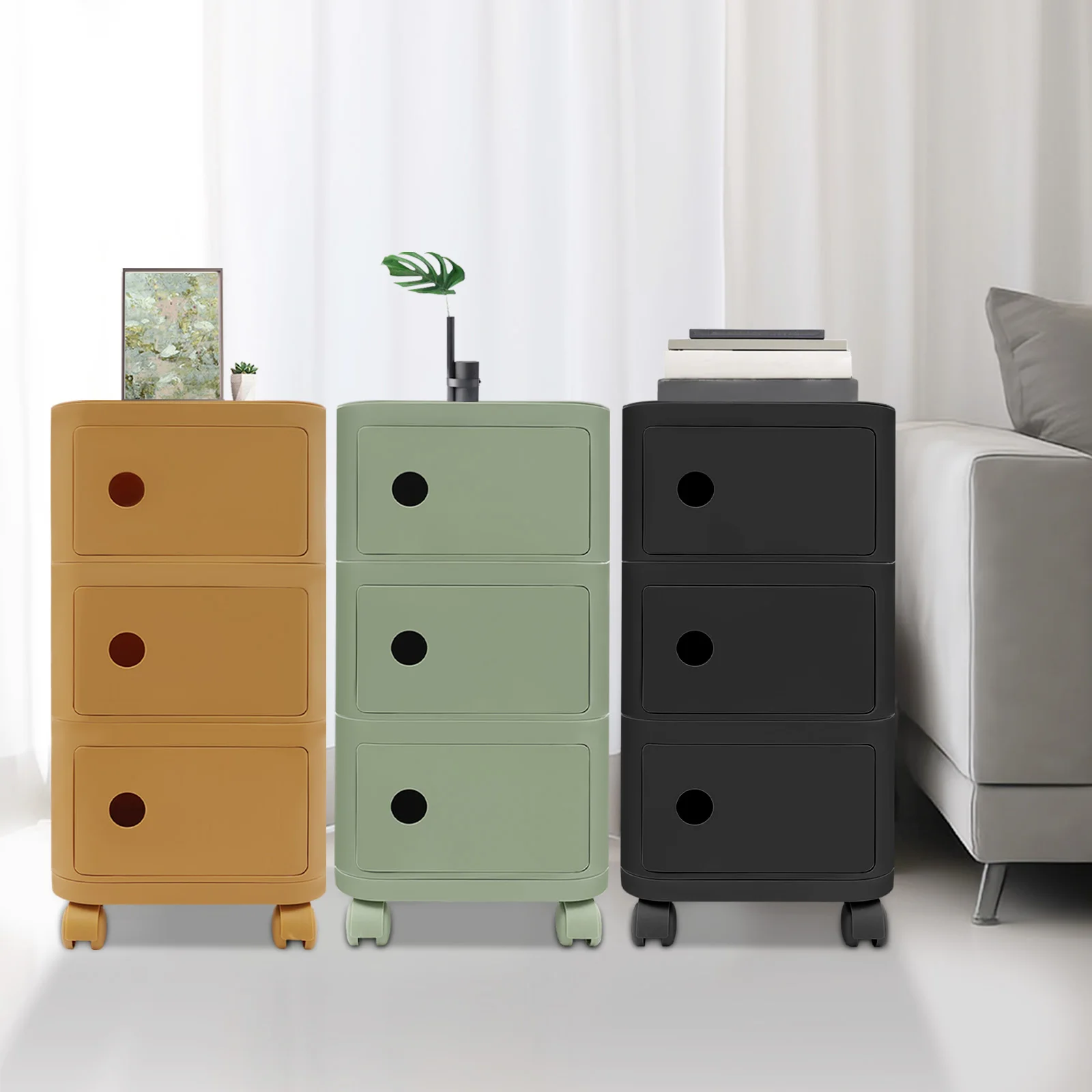 3-stöckiger kreativer Nachttisch, Nachttische, Nachttisch mit Rollen, Gelb/Grün/Schwarz, für Schlafzimmer, Wohnzimmer – Detail 1
