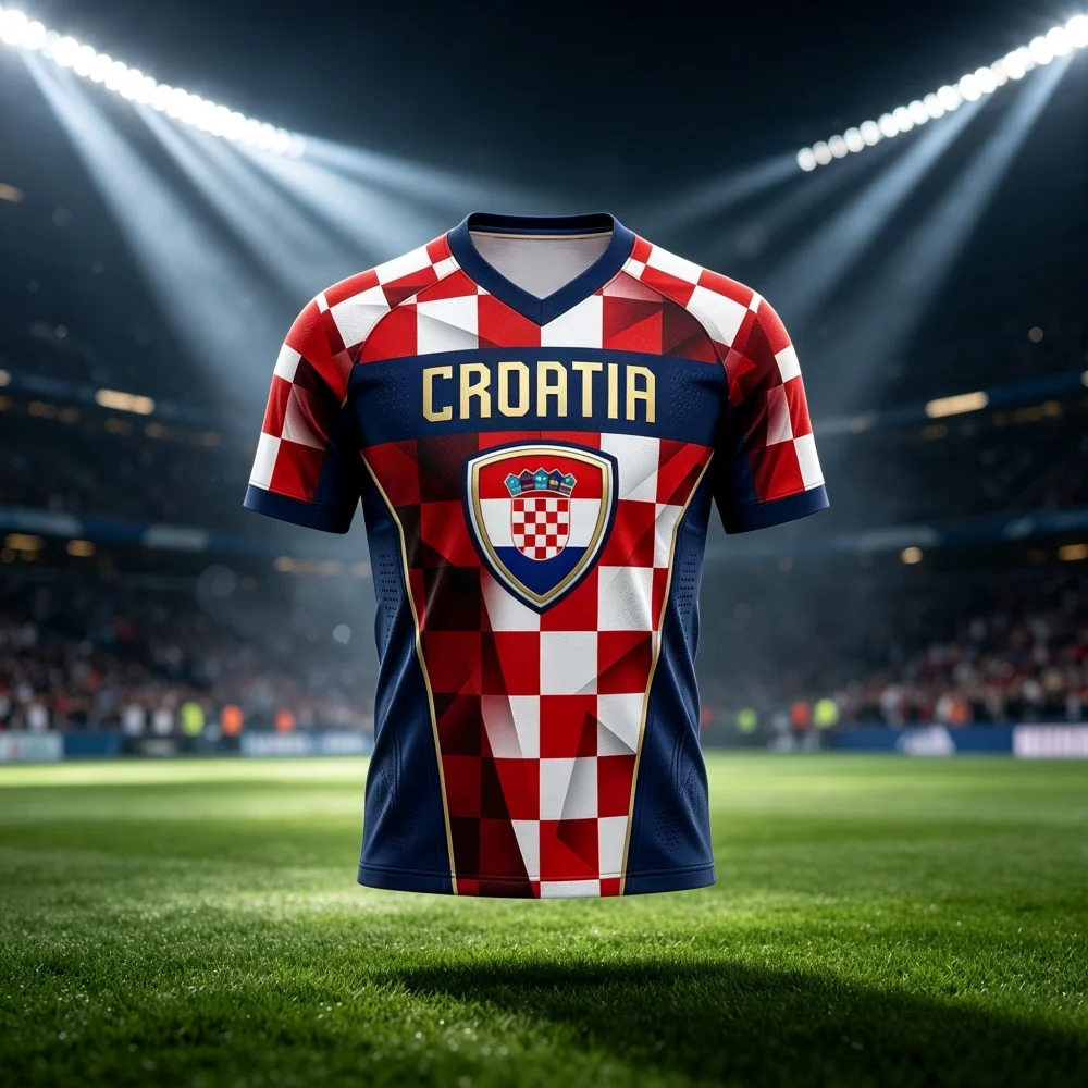Croatia Soccer Fan Jersey Red White Checkerboard Graphic V‑Neck Short Sleeve 3D Printed T‑Shirt Men Women Family Kids Matching view 2