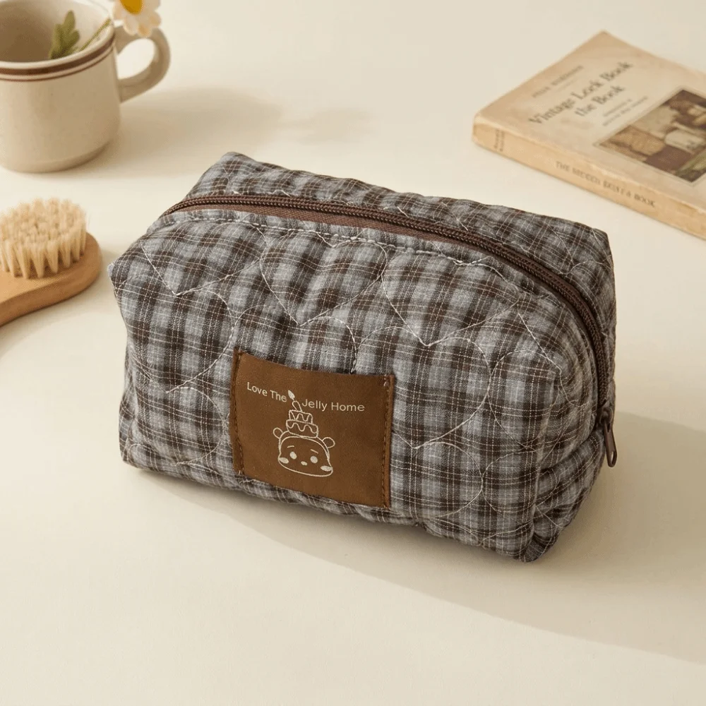 Chic Large Capacity Lace Trim Makeup Bag Plaid Bear Toiletry Organizer Purse Checkered Zipper Pencil Case Stationery