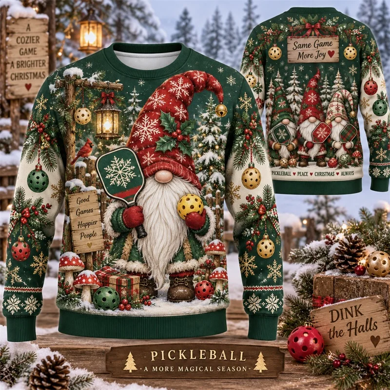 Pickleball Snowman Graphic Sweatshirt for Men Christmas Winter Snow Scene Xmas Long Sleeve Pullover ugly christmas sweater