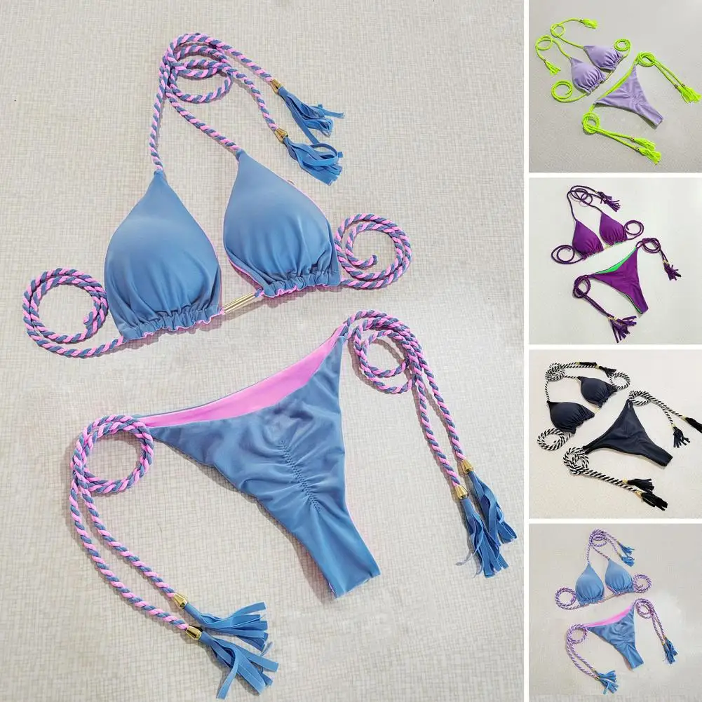 Sexy Women Bikini Swimsuit Set With Tassels Double Sided Contrast Color Halter Bra High Waist Briefs Set Summer Beachwear