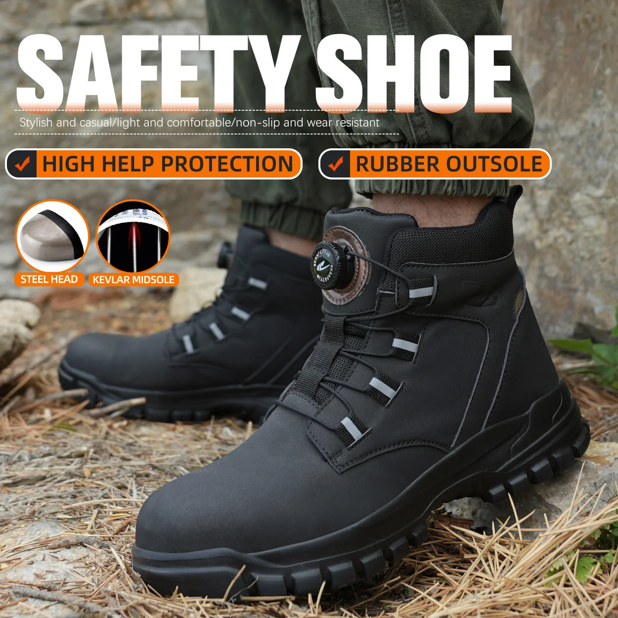 Leather Non Slip Work Boots for Men Rotating Button Safety Shoes Steel Toe Sneaker Male Puncture Proof Protective Boots