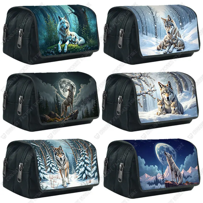 Howling Wolf Under The Moonlight Graphic Print Woman Cosmetic Case Wolf and Babies in The Forest Pencil Bag School Pencil Box