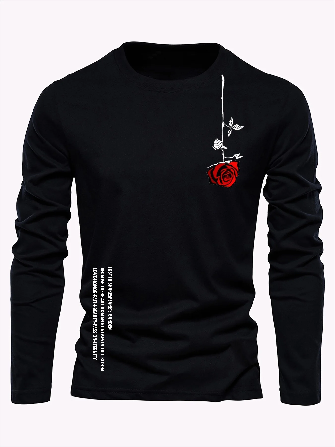 100% pure cotton men's long sleeved round neck loose casual rose letter printed spring and autumn versatile T-shirt top