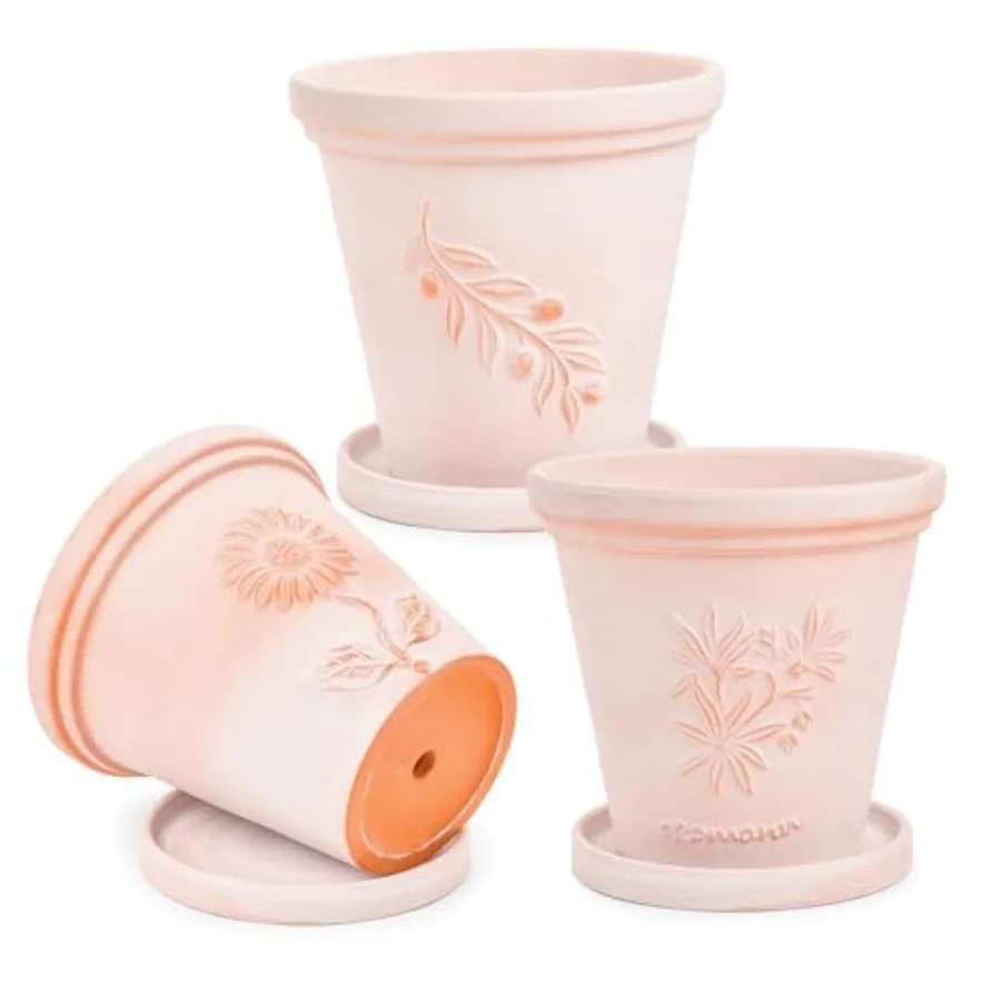 

Set of 3 Terra Cotta Pots with Saucer and Drainage Hole, 8 Inch Large and Deep Clay Pots, Unique Embossed and Pretty Color Pott