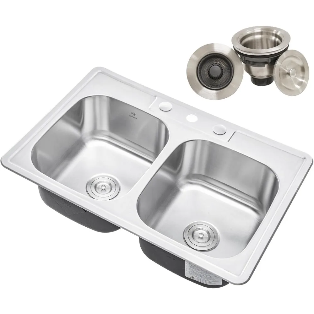 

CozyBlock 33 x 22 x 9 Inch 50/50 Top-mount/Drop-in Stainless Steel Double Bowl Kitchen Sink with Strainer - 18 Gauge Stainless S