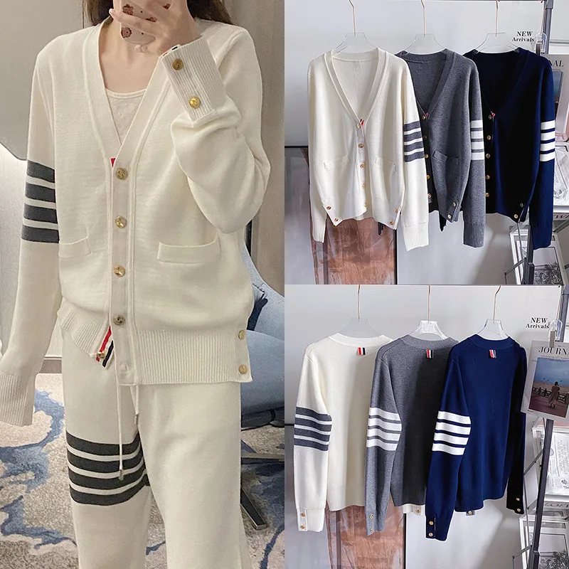 Harajuku V-neck Knit Wool Cardigan Winter Female Jacket Korean Preppy Style Loose Four-bars Stripes Women\'s Sweater Trend