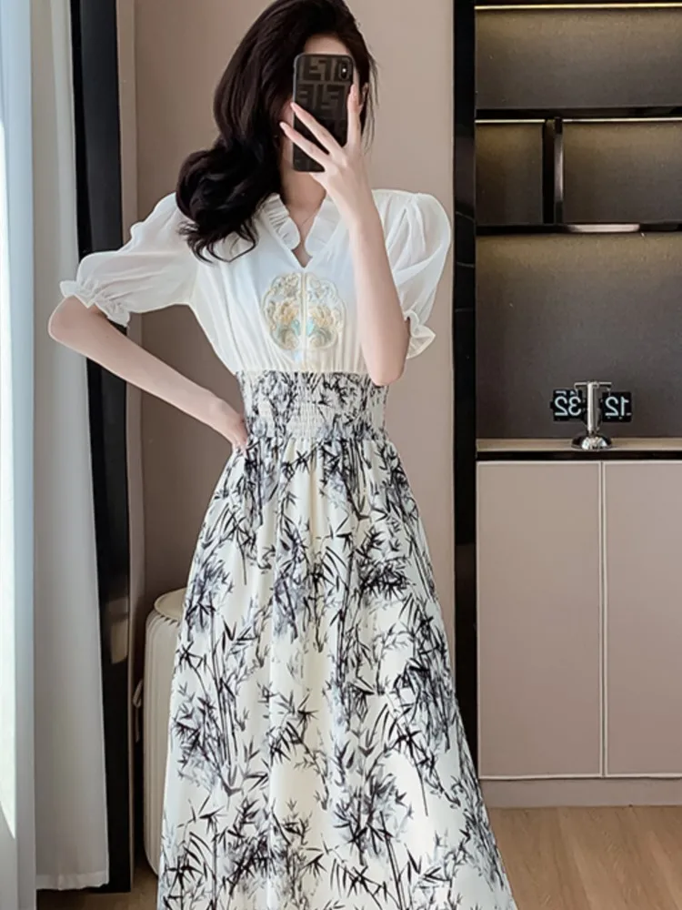 

Elegant Midi Dresses for Women Summer New Patchwork Holiday Beach Style Ruffles A-line Casual High Waist One Piece Vestidos