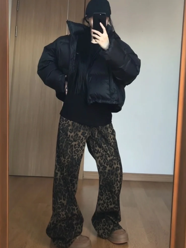 Damskie jeansy w stylu retro z amerykańskim wzorem w panterkę, na wiosnę i jesień, z szerokimi nogawkami, luźne, w małych rozmiarach, lekko rozszerzane, proste spodnie.