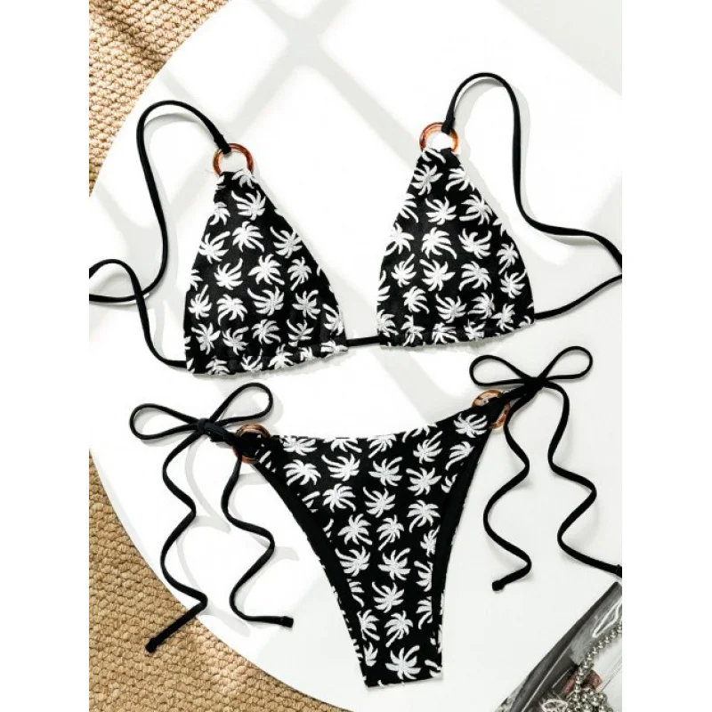 

2025New Style Two-Piece Swimsuit for Women Sexy Drawstring Bikini Maple Leaf Print Swimwear for Women