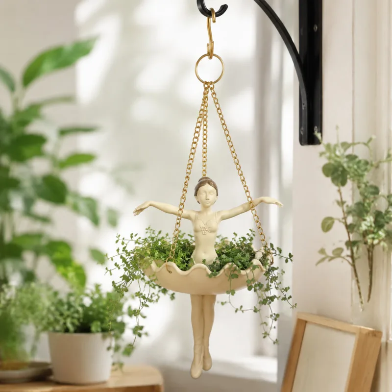 Resin Hanging Dancing Lady Planter Sculpture Flowerpot Statue Outdoor Garden Balcony Porch Home Ornament Gift