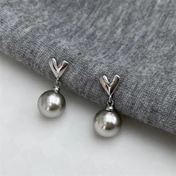 2023 New French Elegant Gray Pearl Beads Drop Earrings for Women Fashion Brand Jewelry Party Vintage Heart Accessories Gifts