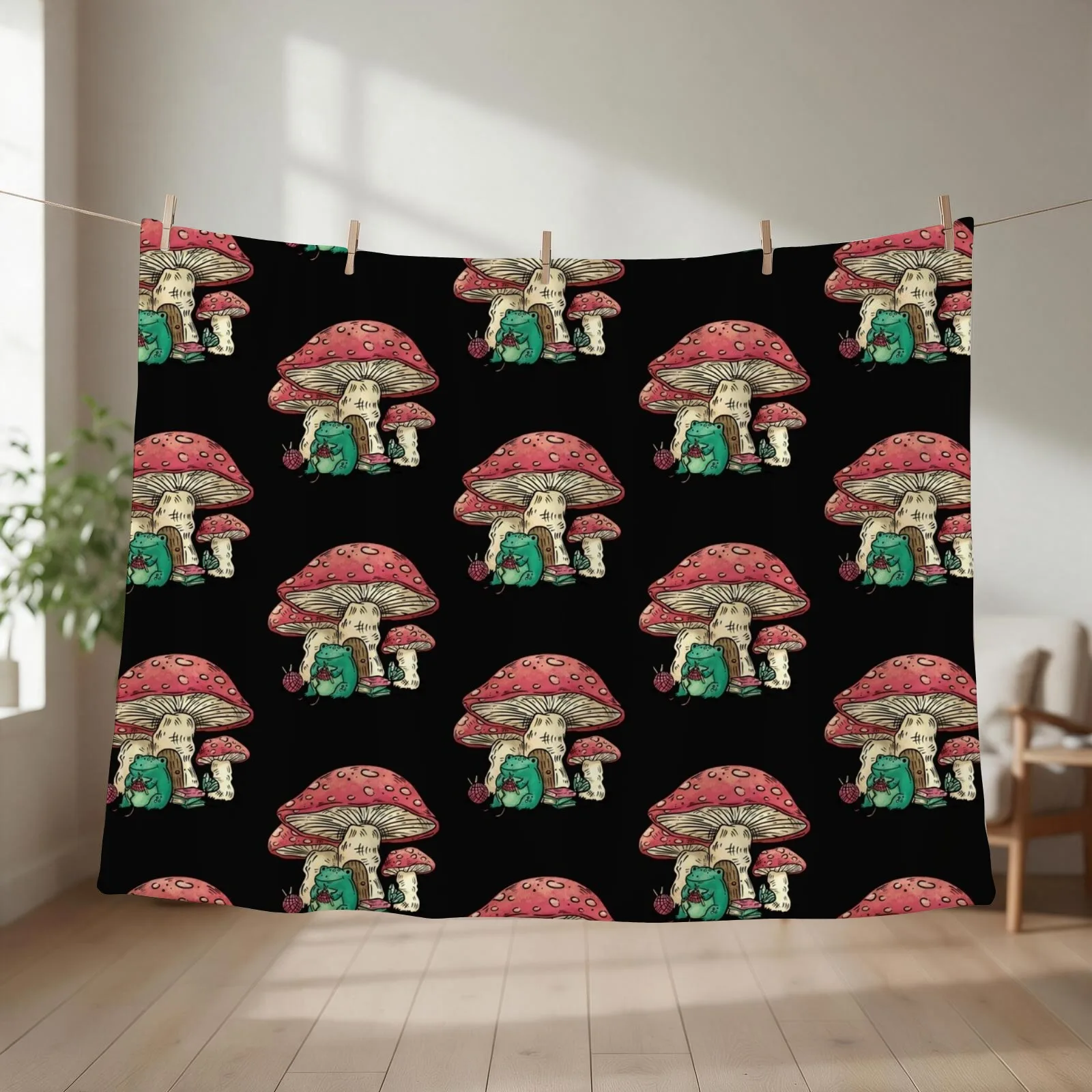 Frog sitting under a mushroom knitting, Cottage Core frog and mushroom, Cute frog and mushroom, Gift for people wh Throw Blanket