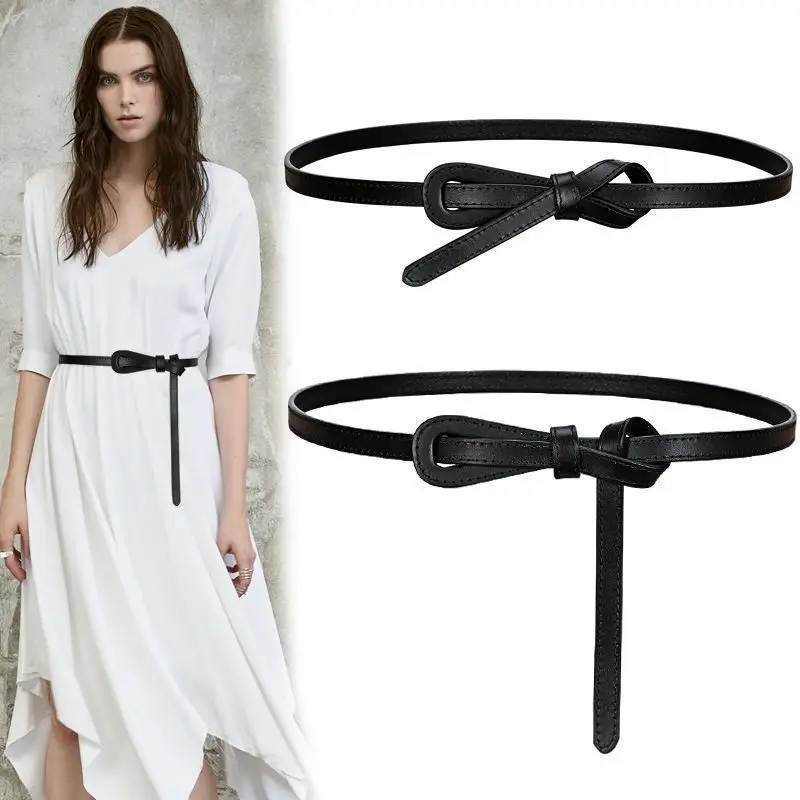 

New Thin Knotted Belts for Women Belt Lady Waistband Soft PU Leather Wild Waist Belt Black Straps Long Dress Coat Accessories