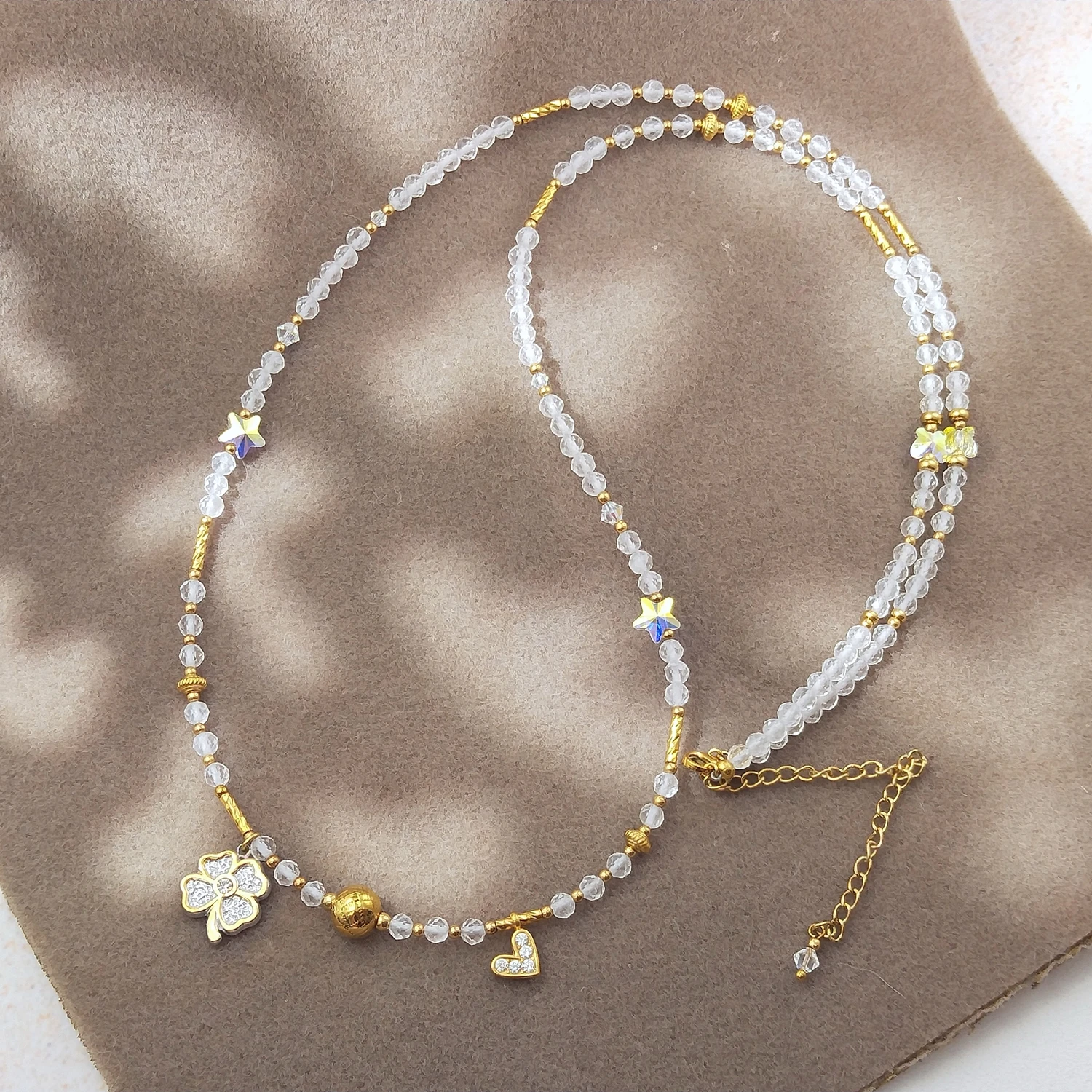 Lii Ji 4mm Clear Quartz Stainless Steel Gold Plated Waist Chain 74+9cm Natural Stone Handmade Jewelry