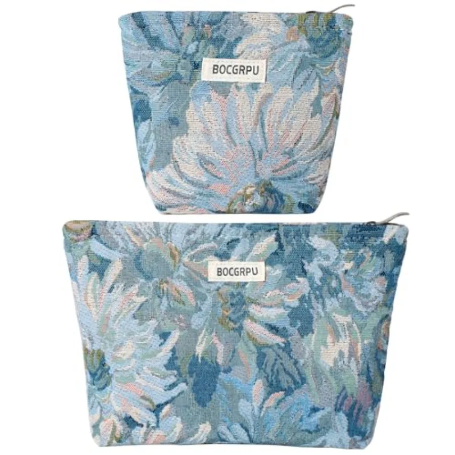 2 Pcs Aesthetic Cosmetic Bag Set, Vintage Jacquard Floral Makeup Pouches for Purse Travel, Large Capacity Tapestry Toiletry Org