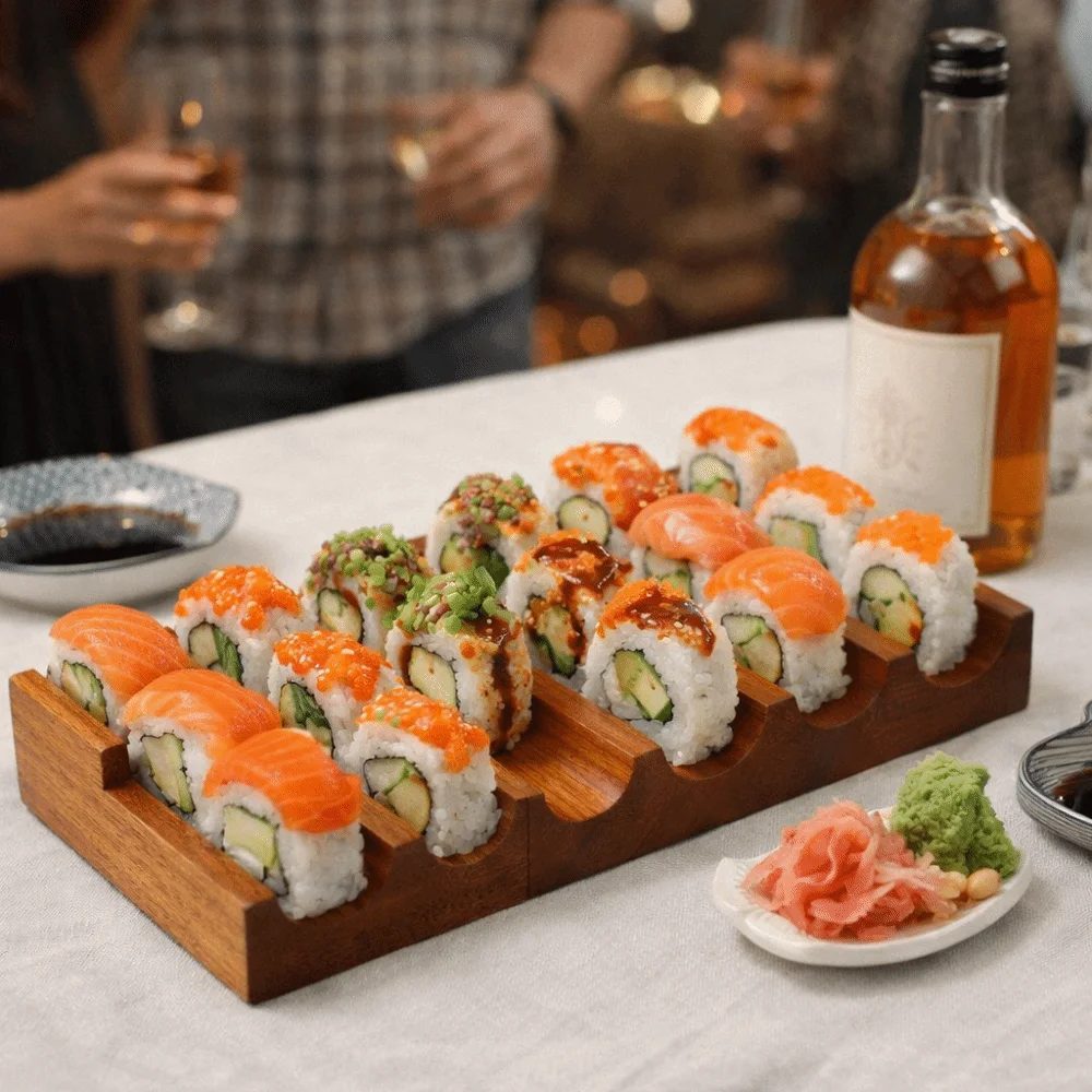 Creative U-shaped Walnut Sushi Rack Japanese Style Thickened Sushi Stand Sushi Boat Smooth Texture Food Display Rack Hotel Use