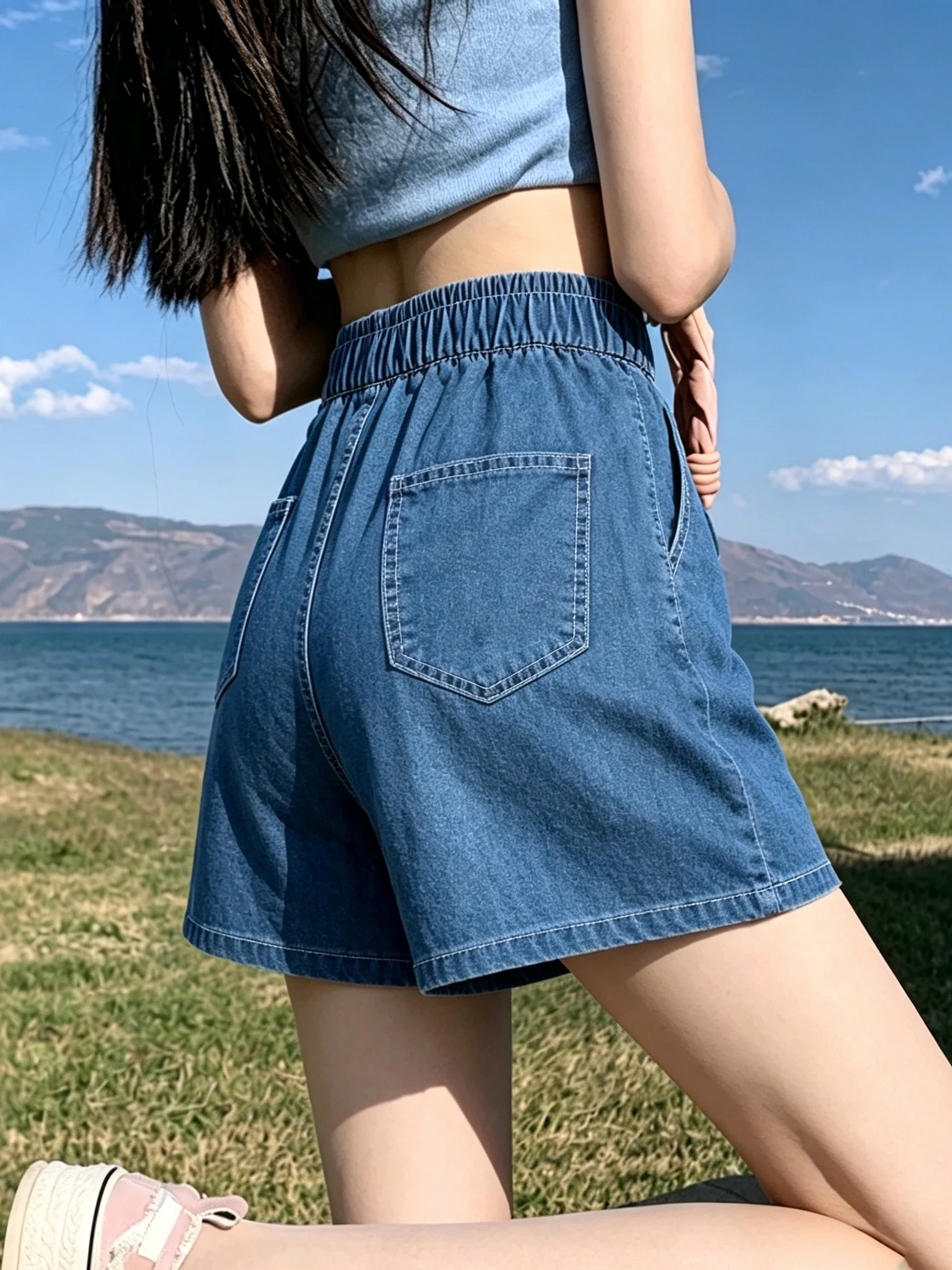 

Retro Washed Blue Denim Short Shorts Women's Summer New Slim Wide Leg Versatile Thin Elastic Waist A-Line Five-Quarter Pants