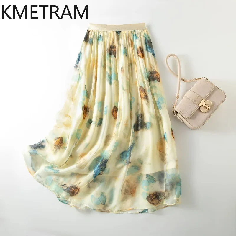 

KMETRAM 100% Mulberry Silk Women's Skirts 20+ Prints Available Midi Skirt Elastic Waist A-Line Skirts Summer Woman Clothes 2026