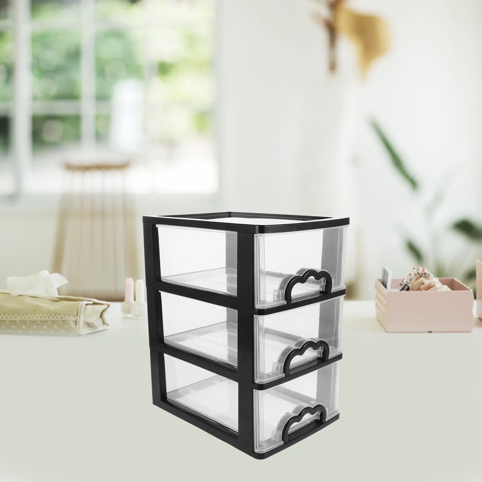 منظم درج سطح المكتب البلاستيكي القابل للتكديس، صندوق تخزين منزلق مكون من 3 طبقات لمستلزمات المطبخ والمستحضرات التجميلية