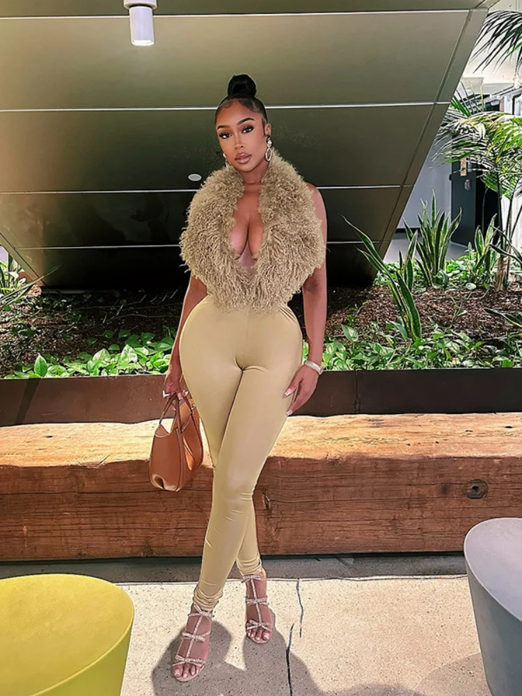 

Костюм Sister Star 2025, модный повседневный меховой костюм с подвесным воротником, большой галстук с открытой спиной, узкие брюки, индивидуальный уличный хипстерский комплект из двух предметов