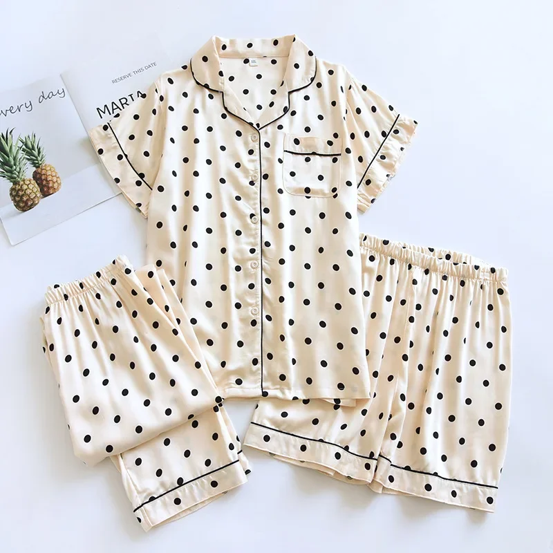 Conjunto de pijama de tres piezas para mujer, Set de ropa de dormir de manga corta, pantalones cortos y pantalones de fibra viscosa, mobiliario
