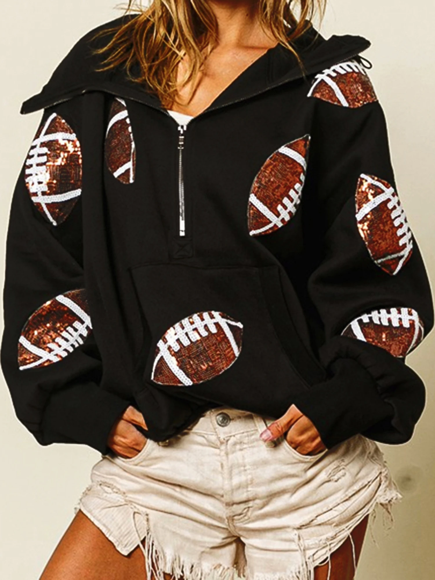 

Women s Sequin Embellished Hoodie Sweatshirt with Long Sleeves Loose Fit Pullover Casual Top for Rugby Fans
