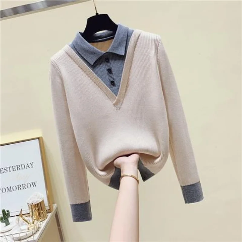 Spring and Autumn Fashion Casual POLO Collar Fake Two Piece Women\'s Sweater Reduced Age Long Sleeve Knitted Top