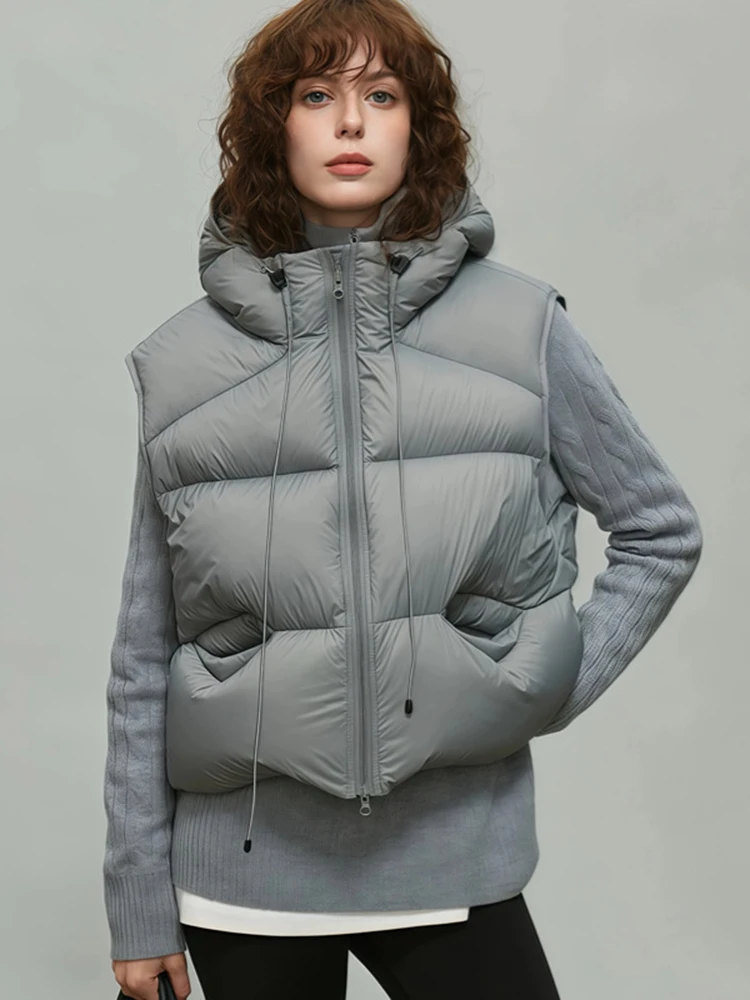 

Autumn Winter Warm Hooded Down Vest Women White Duck Down Zipper Sleeveless Vest Female Loose Thickening Quilted Waistcoat Coat