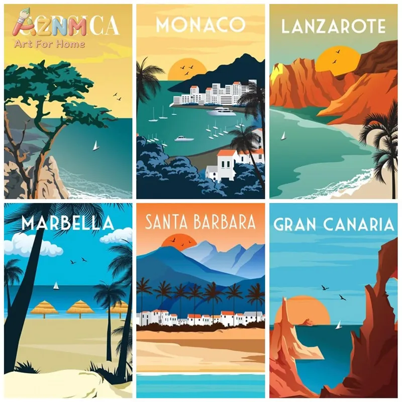 AZNM Vintage Tropical Coastal Travel City Canvas Print Corsica Monaco Lanzarote Beach Palm Sunset Landscape Wall Poster Unframed