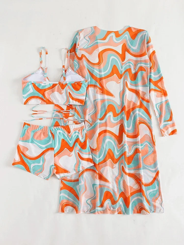 2023 Bandage High Waist Bikini Set Cover Up Swimsuit For Women Push Up Long Sleeve Three Pieces Swimwear Beach Bathing Suits