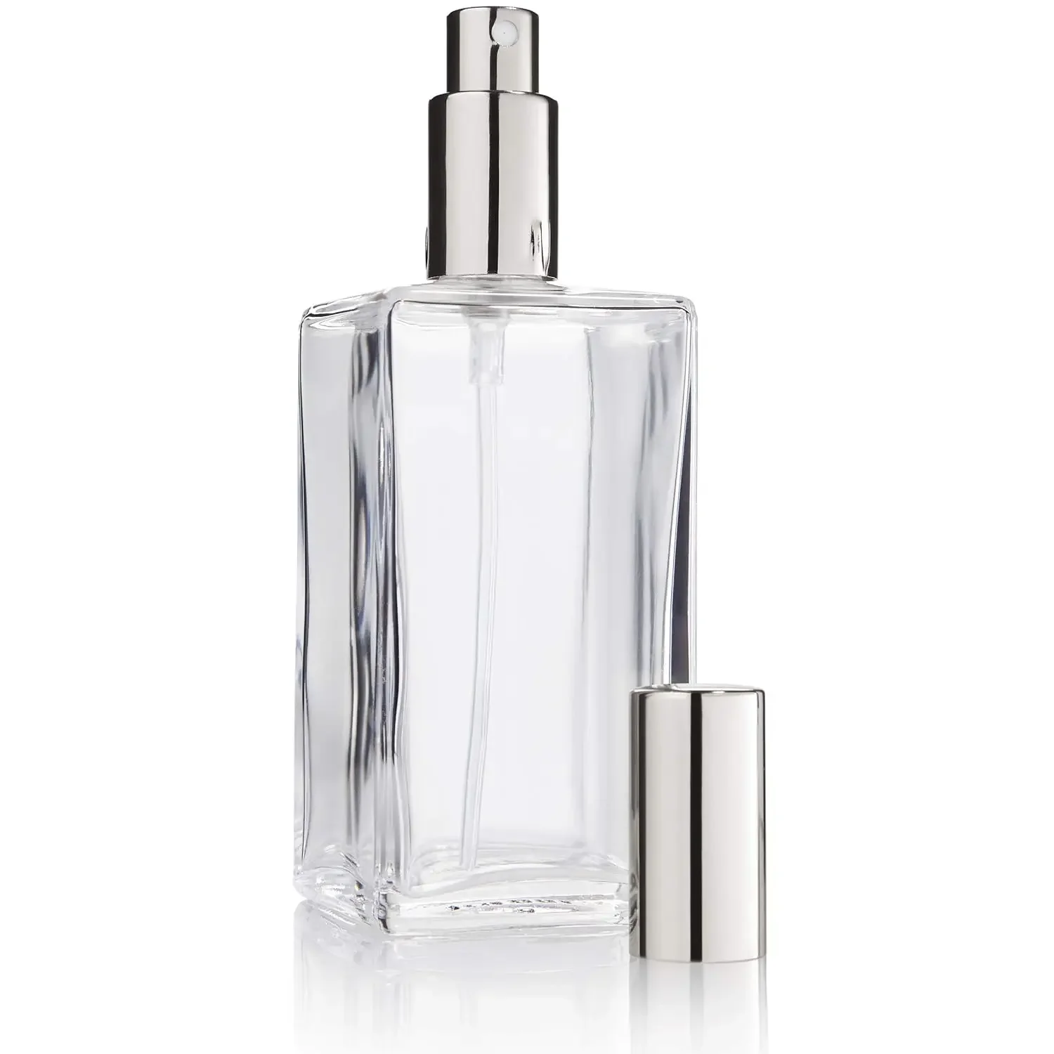 Square Bottle Clear Glass with Spray Pump and Cap for 100 Ml Silver Perfume Cosmetic Containers Line Mist Spray Perfume Bottle