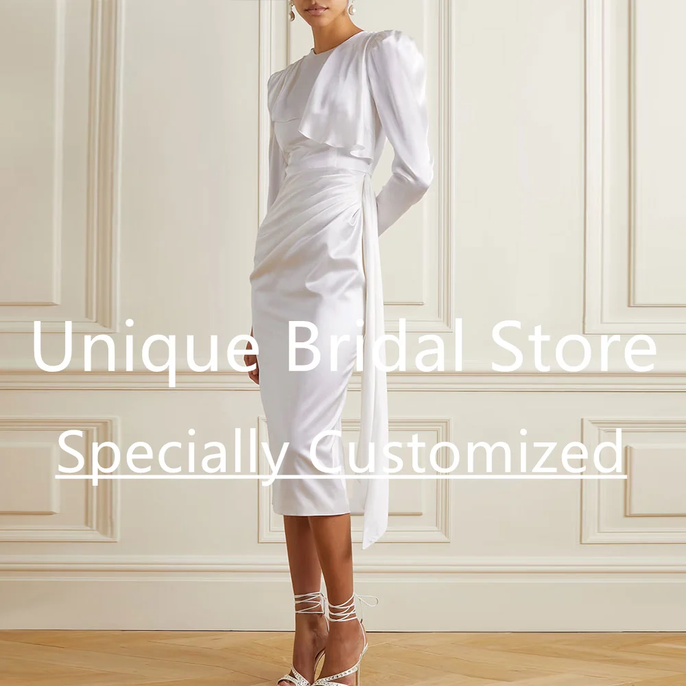 Customized Sexy Solid Bridal Gown Long Sleeve Draped Crew-Neck Vestido De Noiva Simples E Romântico Tea-Length Vintage We