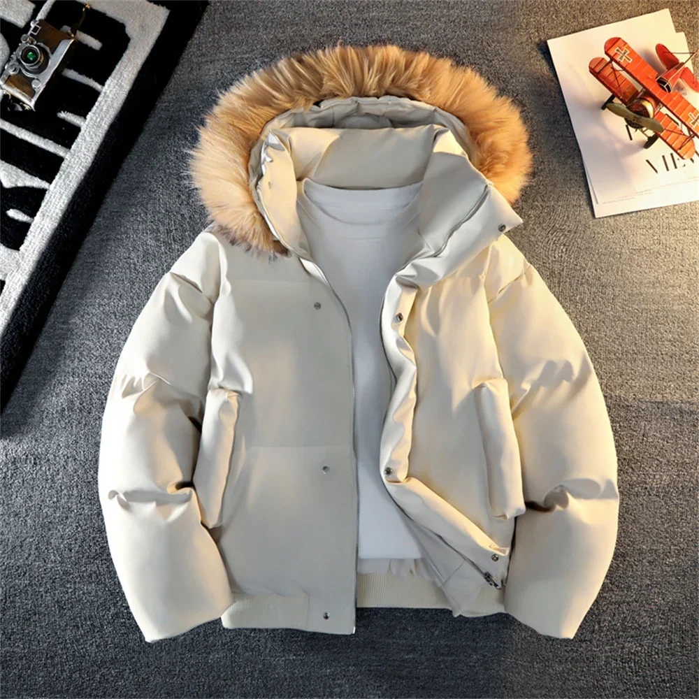

Men's Winter Down Puffer Overcoat Fur Collar Soft Leather Parkas Men's Windproof Padded Coat Outdoor Parka Jacket Streetwear