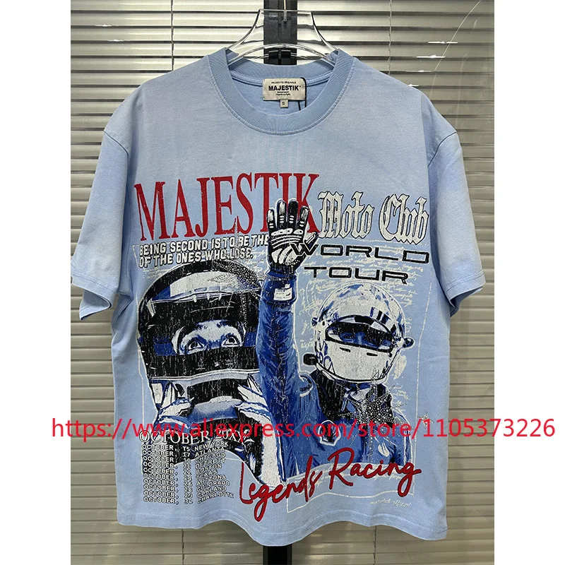 

MAJESTIK Moto Club Racing Printed Short Sleeved High Street Trendy Brand Vintage Loose Casual T Shirt MAJESTIK