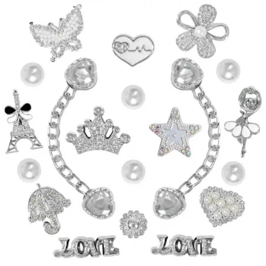 

20 Pcs Bling Shoe Charms With Rhinestones Pearls And Chains For DIY Shoe Decoration