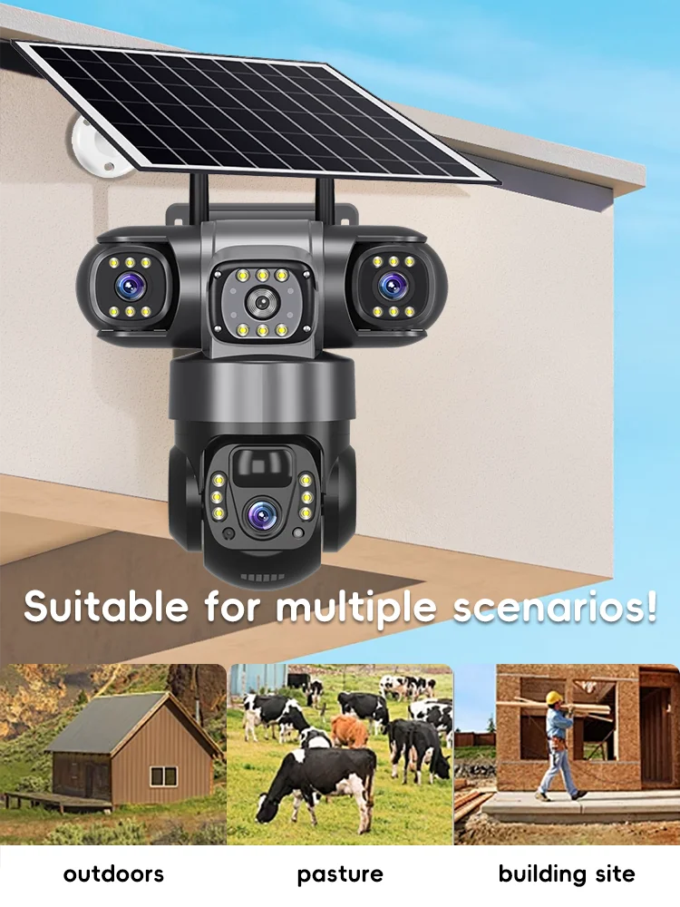 Kamera IP WiFi V380 Pro 12MP zasilana energią słoneczną, zewnętrzna, z potrójnym obiektywem, 360 stopni ° Bezprzewodowa kamera bezpieczeństwa PTZ CCTV z detekcją ludzi PIR, automatycznym śledzeniem, — 2