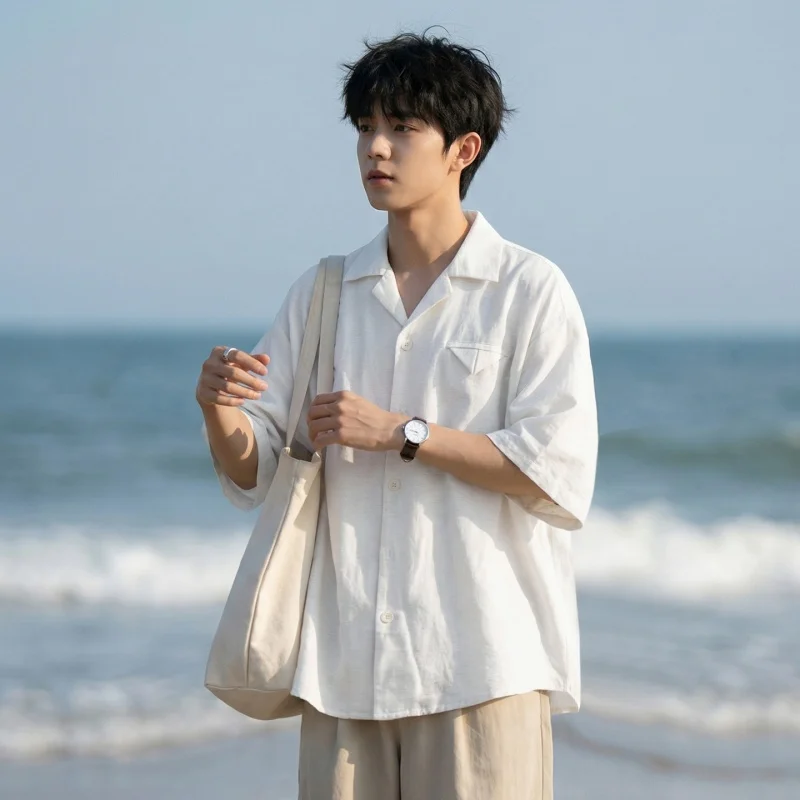 

Summer luxury men's linen texture Cuban collar short-sleeved shirt thin breathable solid color loose drape casual shirt