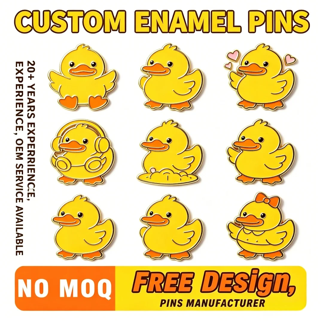 Custom Cute Rubber Duck Enamel Lapel Pins, Cartoon Yellow Duck Brooch, No MOQ Kawaii Badge for Backpacks