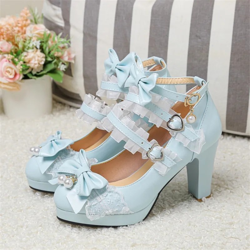 Princess Lolita Mary Jane Shoes Woman High Heels Pink White Bowtie Ladies Strap Fashion Heel Pumps Party Wedding Shoes Size32-43