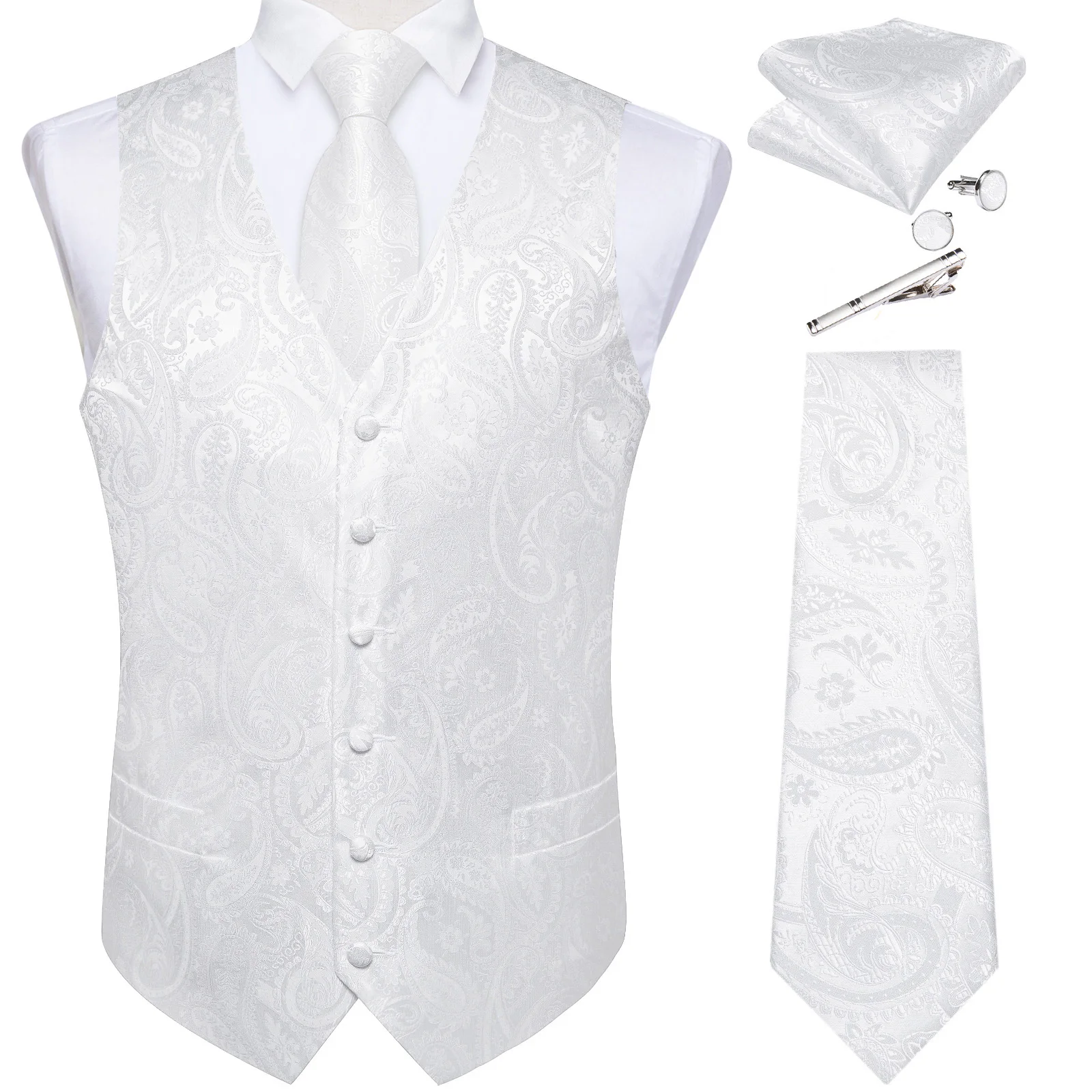 Pure White Wedding Vest for Man Sleeveless V-neck Satin Luxury Men Waistcoat Necktie Pocket Square Cufflinks Clip 5 PCS Set Gift