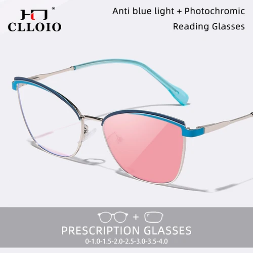 Imagen 2 del producto CLLOIO, montura de aleaciones de ojo de gato a la moda, gafas de lectura antiluz azul para mujer, gafas ópticas graduadas para miopía fotocromáticas de Color