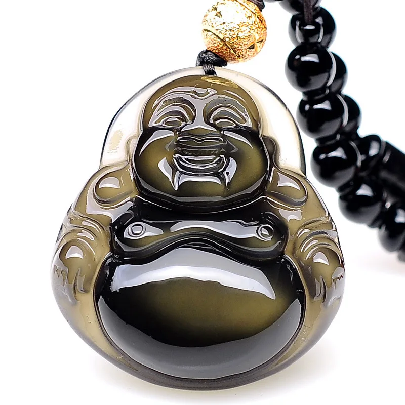 

Новый натуральный ледяной вид жадеитовые глаза обсидиан кулон Майтрейя улыбающийся Будда ожерелье мужские и женские ювелирные изделия