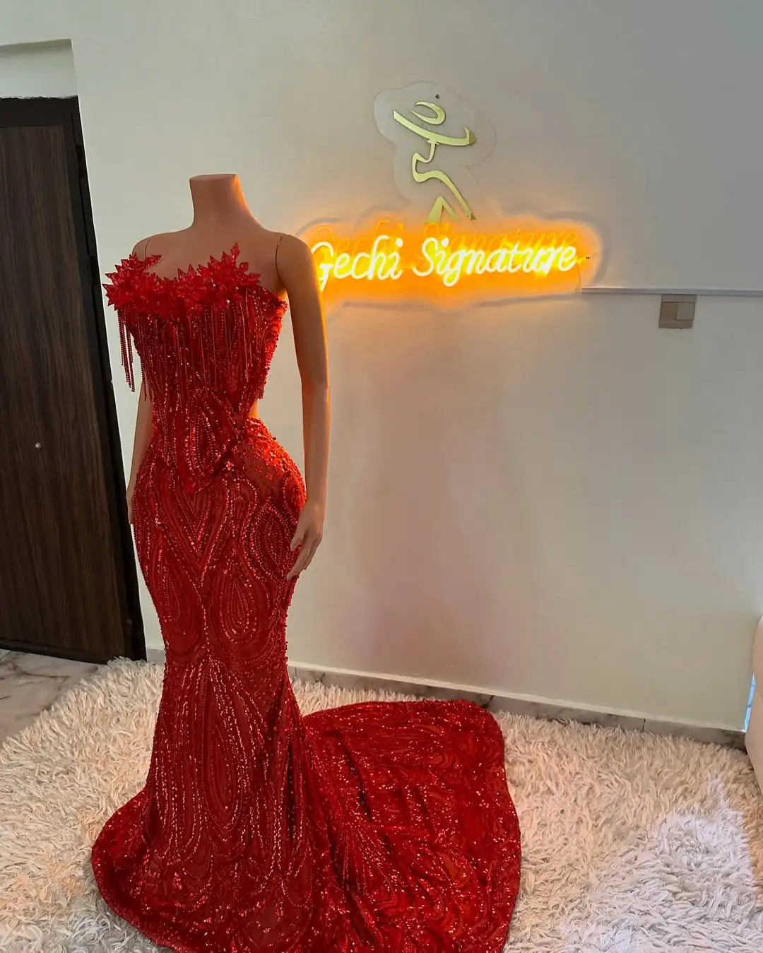 Nieuw ontwerp luxe rode bading kwastjes unieke decoratie slanke sexy charmante zeemeermin avond prom formele feestjurk