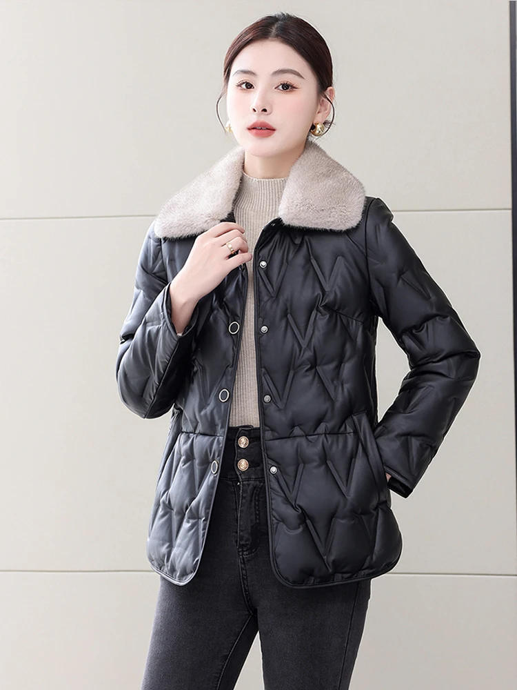 

Зимняя женская куртка из натуральной кожи в корейском стиле с меховым воротником, пуховик из овчины, маленький размер, модная, теплая, с высоким глянцевым блеском