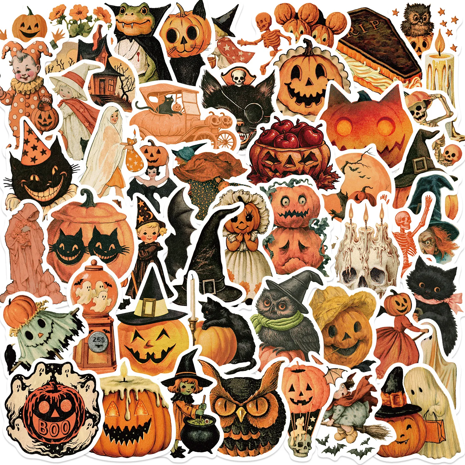 50Pcs/Set Vintage Halloween Stickers PVC Waterproof Retro Spooky Pumpkin Cat Vinyl Decals for DIY Party Favors Gifts