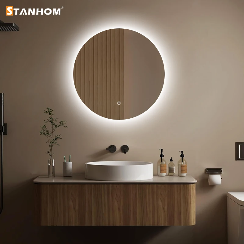 Зеркало для ванной комнаты с LED-подсветкой, круглое, настенное, с функцией антизапотевания, регулировкой яркости, для роскошных отелей, сертифицировано CE, RoHS, UKCA