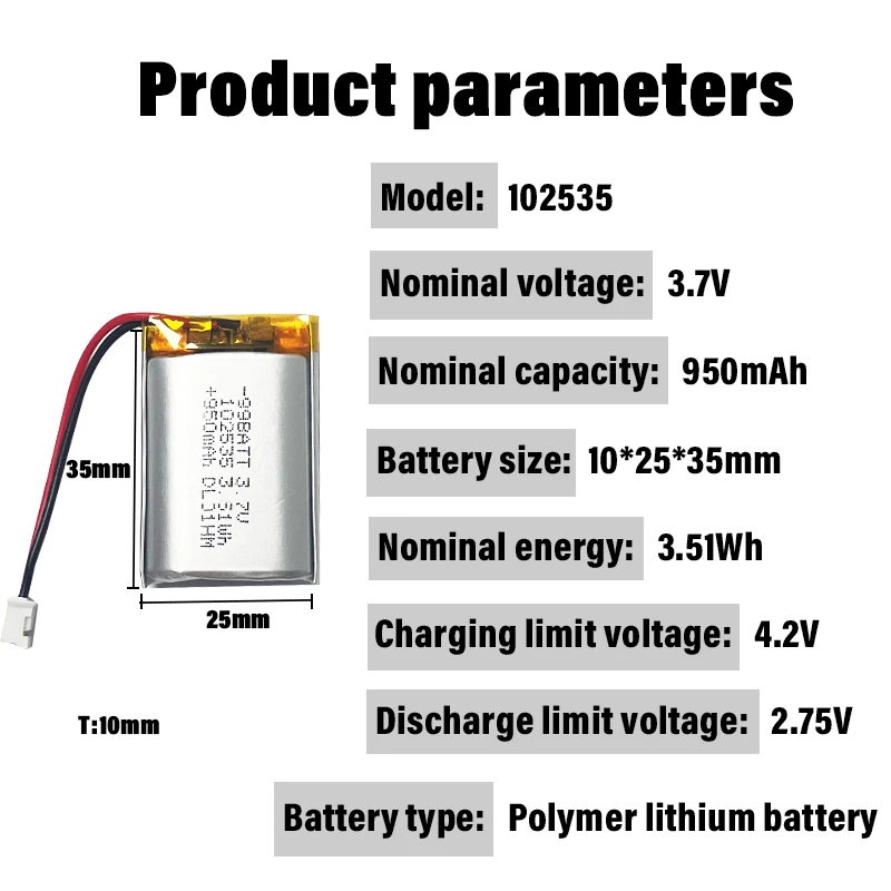 3.7V 950mAh 102535 Lipo Batteria ricaricabile ai polimeri di litio per MP3 MP4 Navigatore GPS Elettronica Attrezzature estetiche mediche
