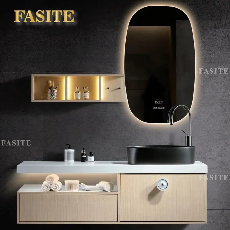 For Seamless Splicing Rock Slab Basin Wall Mounted Bathroom Cabinet Washbasin Simple Modern Hanging Vanity Unit Durable